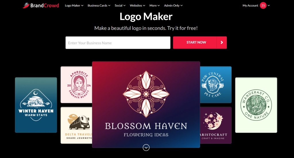 A screenshot of the CrowdBrand Logo Maker interface, showing logo options for prompt and customization controls for color, font, and style.