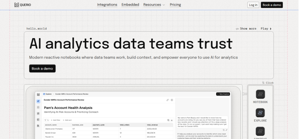 The Quorio AI interface, showing the Designer for data analysis. Alt text: A visual workflow in the Quorio AI, demonstrating its no-code interface for data analysis.