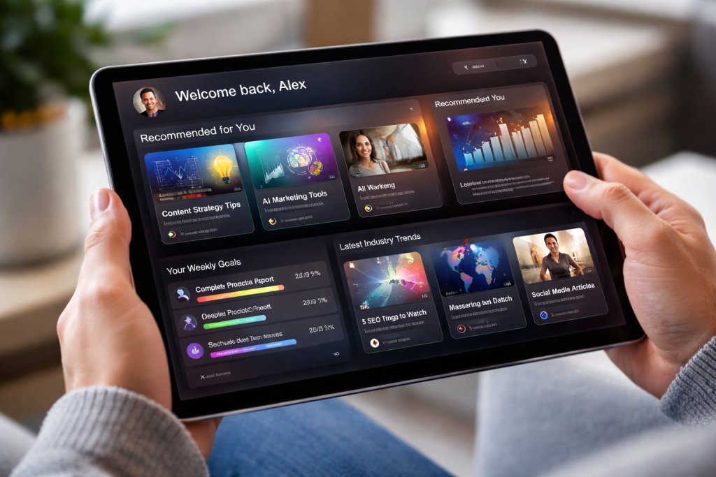 A close-up of a user's hands holding a tablet that displays a highly personalized user interface with adaptive content modules and tailored recommendations.