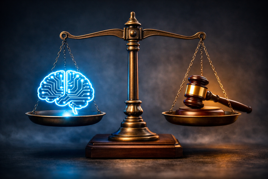 A balanced scale with a glowing brain icon on one side and a gavel icon on the other, symbolizing the critical balance between AI innovation and ethical governance.