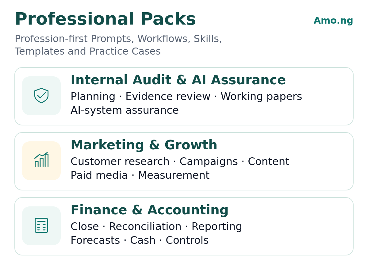 Amo.ng Professional Packs for Internal Audit and AI Assurance, Marketing and Growth, and Finance and Accounting.